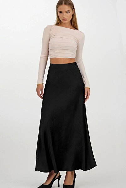 VAGGON Women's Black Satin Textured Long A-Line Skirt Vs01687