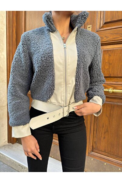 TİENDEROPA Women's Zippered Plush Short Coat - Oversized Jacket with Contrast Design Belt