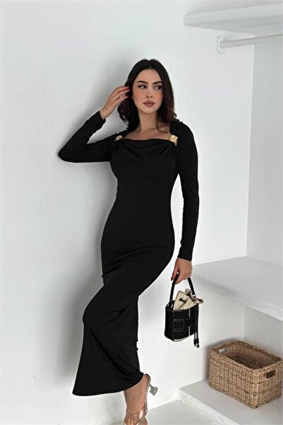 Neşeli Butik rochie de damă drapat cu decolteu barcă cu accesorii aurii NBK4386