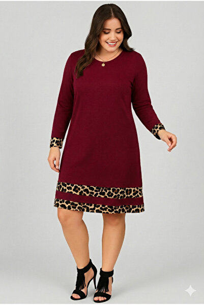 Curvy Trend Plus Size Sleeve Tip and Skirt Leopard Paneled Long Sleeve Viscose Dress