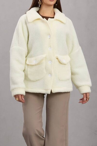 VAGGON Women's Cream Double Pocket Button Closure Plush Jacket Vs01671