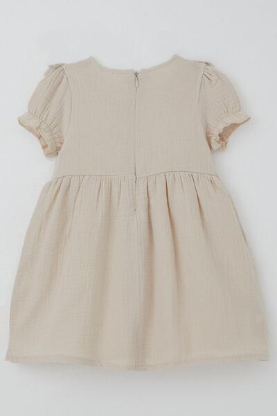 Breeze Baby Girl Dress with Guipure Detail on the Shoulder, Elastic Sleeves, 9 Months-3 Years, Beige