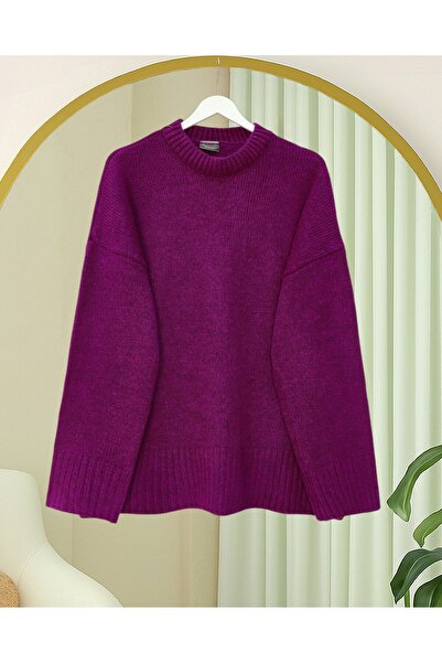 Modamorfo Crew Neck Skirt Corded Fabric Loose Knitwear Sweater - Plum