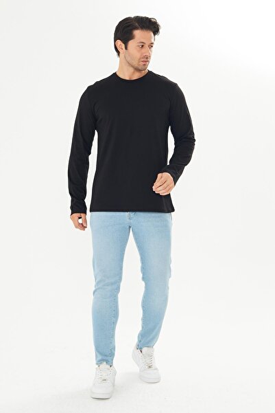 TRENDHİLL Ανδρικό μπλουζάκι με μακρυμάνικο λαιμόκοψη από βαμβάκι μαύρο 5020-S