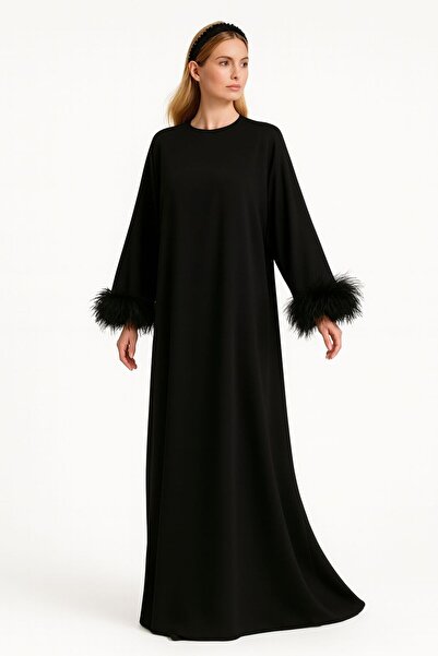 ALYEL NAKER Fake Otriş Detaylı Maxi Boy Salaş Siyah Krep Davet Elbisesi