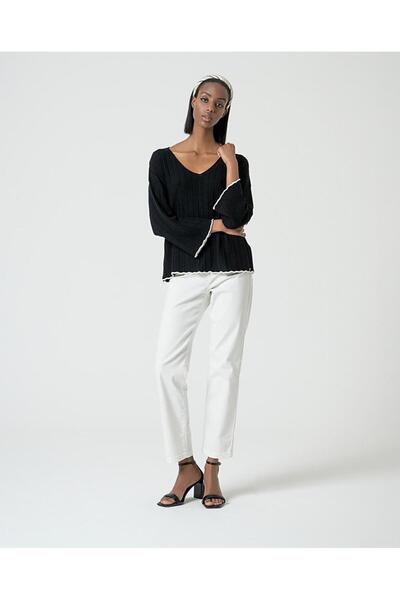 Surkana Pulover supradimensionat cu decolteu în V - Negru - L