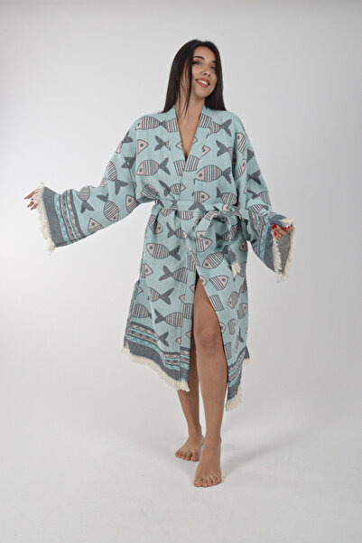 REİNA TEKS Kimono Kaftan Fish Patterned 1 Piece Bohemian Bathrobe Unisex Jacquard 3 Layers Muslin Fabric