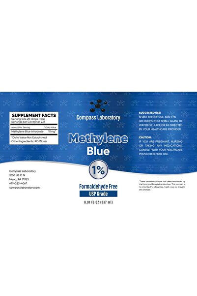 COMPASS LABORATORY Methylene Blue 1% USP-Grade, 237ml Glass Bottle