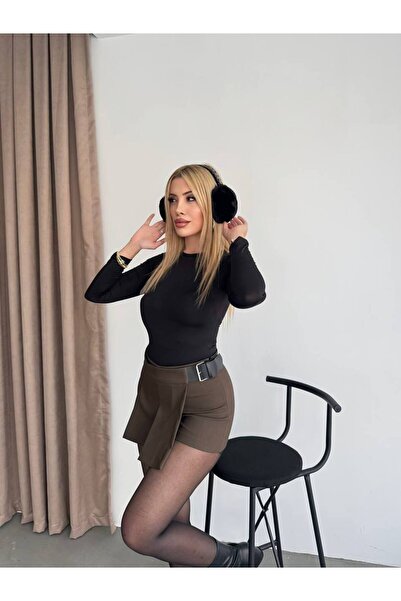 ParlaMira Γυναικεία καφέ ζώνη με λεπτομέρεια από πολυβισκόνη ψηλόμεση πλισέ μίνι φούστα