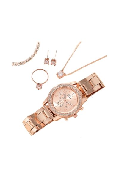 KERNOWSUN - Set de bijuterii din aur roz format din 5 piese: ceas de damă, co...