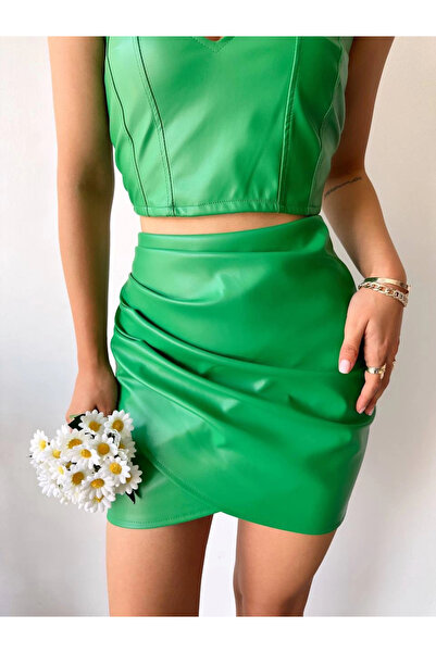 Zerenyus Draped Leather Skirt Green