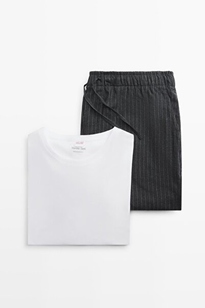 Massimo Dutti Uzun kollu %100 pamuklu çizgili pijama üstü