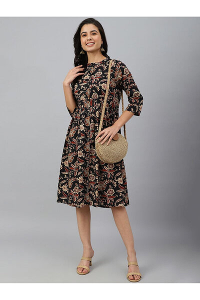 IndHeritage فستان أسود من القطن الخالص الفاخر بطبعات زهور باللونين العنابي وا...