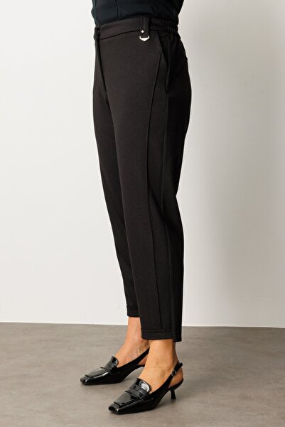 Ekol Women's Plus Size Elastic Waist Accessory Detailed Trousers 1043 Black