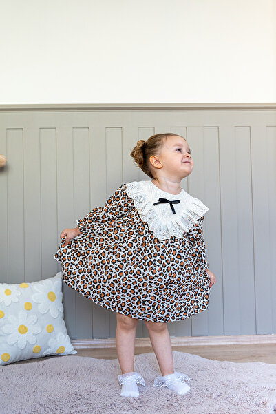 ALYRA Момичешка рокля с леопардов принт, дълги ръкави, дантела и панделка за рождени дни и специални поводи