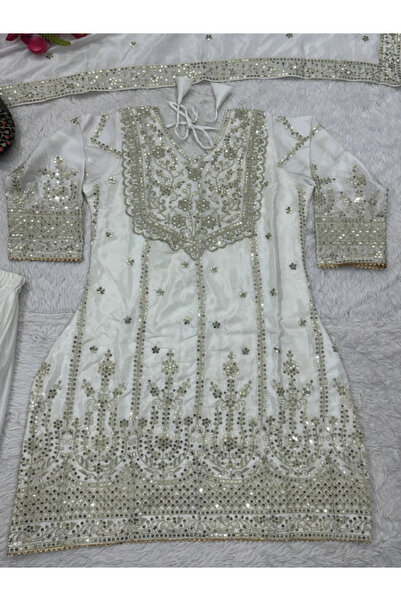 MYSMAR White Chinnon Kameez Salwar & Dupatta - HRT2896 | White