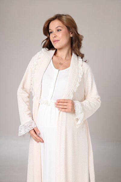 Lohusa Dünyasi Women's Beige Shawl Collar Lace Detailed Maternity Nightgown Dressing Gown Set