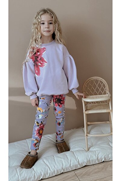 Patriko Girls' Winter Sweatshirt Leggings New Season Ş Fleece-Lined Flower Detail Stylish Bottom Top Set