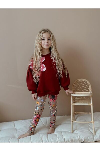 Patriko Girls' Winter Sweatshirt Leggings New Season Ş Fleece-Lined Flower Detail Stylish Bottom Top Set