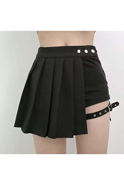 Karakedi Anime Harajuku Black Punk Leg Belt Detail Mini Skirt with Shorts