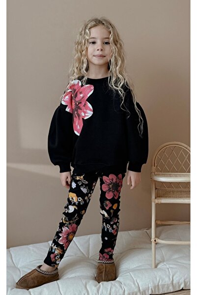 Patriko Girls' Winter Sweatshirt Leggings New Season Ş Fleece-Lined Flower Detail Stylish Bottom Top Set