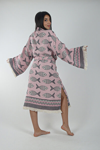 REİNA TEKS Kimono Kaftan Fish Patterned 1 Piece Bohemian Bathrobe Unisex Jacquard 3 Layers Muslin Fabric