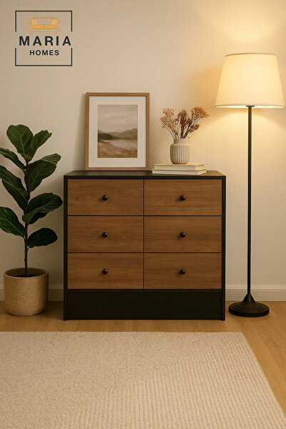MARIA HOMES خزانة أدراج عصرية 80×48×80 سم – خزانة تخزين غرفة النوم – خزانة ملابس باللونين الأسود والبني