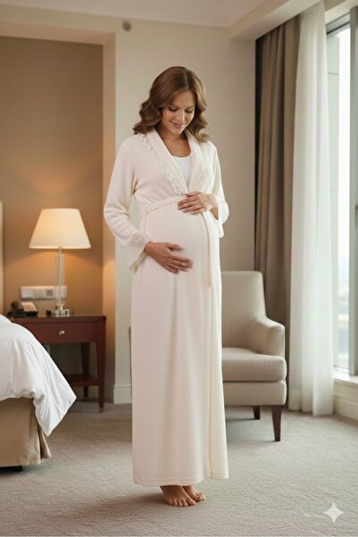Lohusa Dünyasi Women's Beige Shawl Collar Lace Detailed Maternity Nightgown Dressing Gown Set