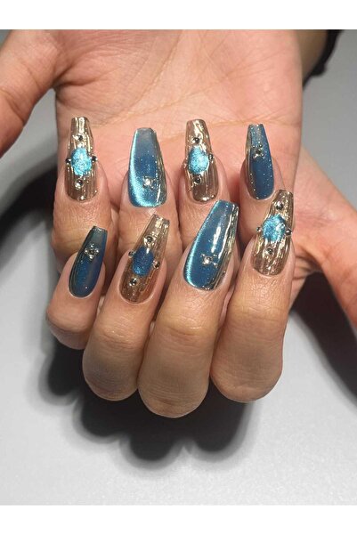 NailsTell S54-2 M Beden Mavi Uzun Kedi Gözü Taşlı Protez Jel Takma Tırnak Ve ...