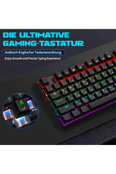 Generic English Arabic Mechanical Gaming Keyboard with LED Backlit, 104 Keys Quick Response Wired Keyboard