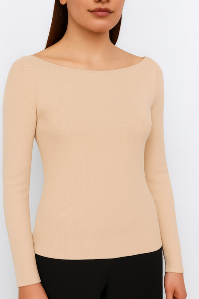 Ramior Women's Boat Neck Beige Ribbed Knit Crop Blouse