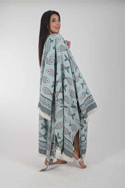 REİNA TEKS Kimono Kaftan Fish Patterned 1 Piece Bohemian Bathrobe Unisex Jacquard 3 Layers Muslin Fabric