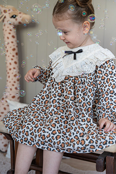 ALYRA Момичешка рокля с леопардов принт, дълги ръкави, дантела и панделка за рождени дни и специални поводи