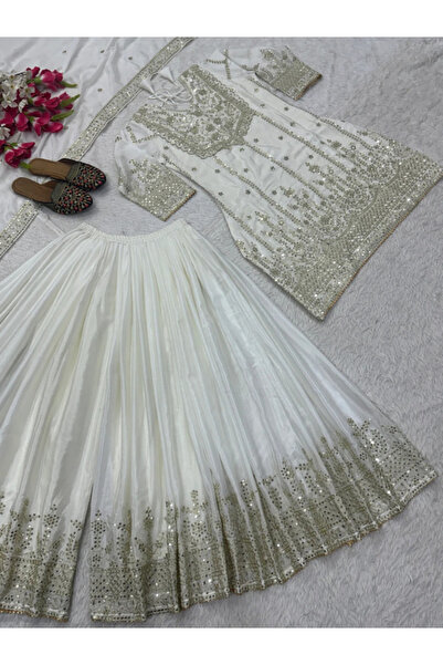 MYSMAR White Chinnon Kameez Salwar & Dupatta - HRT2896 | White