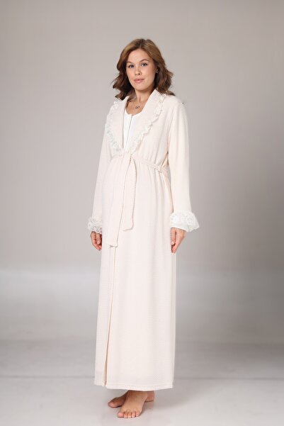 Lohusa Dünyasi Women's Beige Shawl Collar Lace Detailed Maternity Nightgown Dressing Gown Set