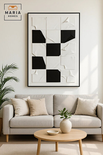 MARIA HOMES Modern Geometric Wall Art – Black & White Textured Canvas – Luxur...