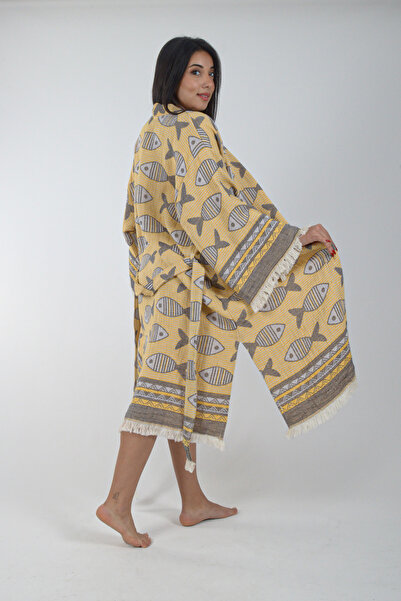REİNA TEKS Kimono Kaftan Fish Patterned 1 Piece Bohemian Bathrobe Unisex Jacquard 3 Layers Muslin Fabric