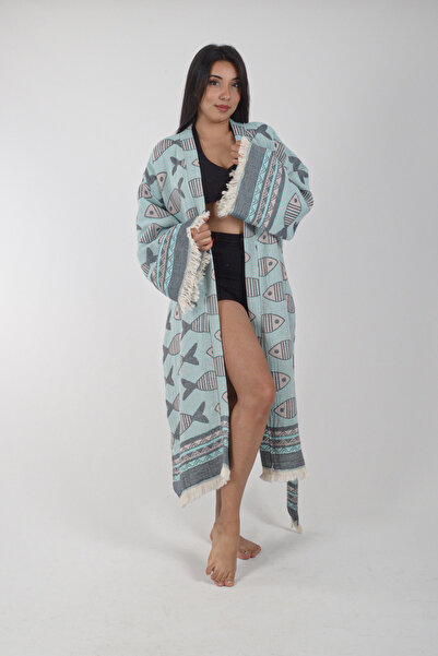 REİNA TEKS Kimono Kaftan Fish Patterned 1 Piece Bohemian Bathrobe Unisex Jacquard 3 Layers Muslin Fabric