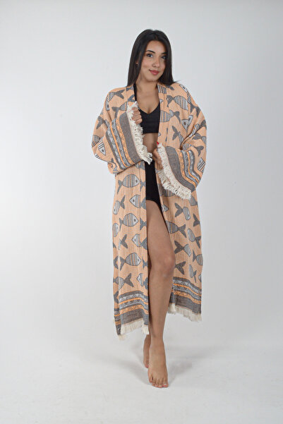REİNA TEKS Kimono Kaftan Fish Patterned 1 Piece Bohemian Bathrobe Unisex Jacquard 3 Layers Muslin Fabric