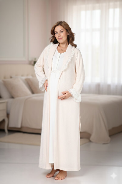Lohusa Dünyasi Women's Beige Shawl Collar Lace Detailed Maternity Nightgown Dressing Gown Set