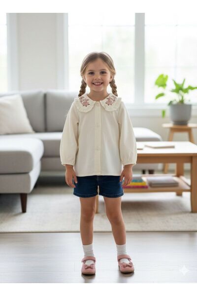 Csp Cassiope 100% Cotton Shirt with Embroidered Collar and Ruffles (1-1.5-2-3-4-5 Years)