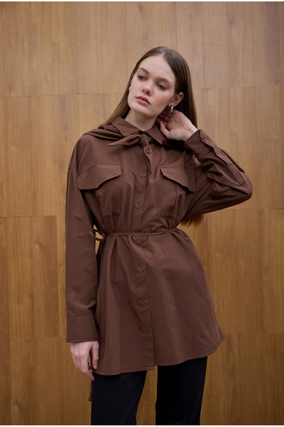 Birgül Bektaş Καφέ πουκάμισο με διπλή τσέπη με χαλαρή εφαρμογή