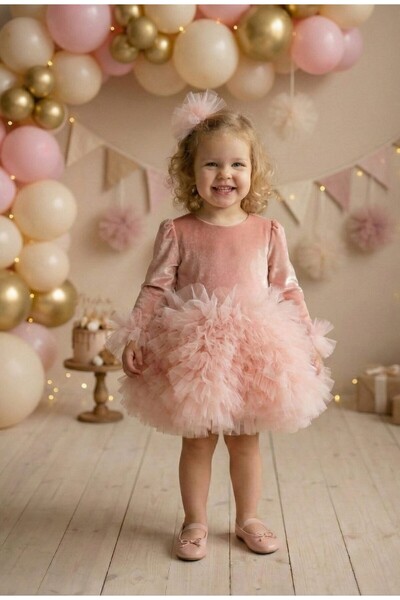 penu baby kids Pembe Kadife Kumaş Uzun Kollu Tütülü Kız Bebek Elbise - Velvet