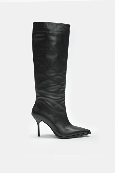 NILUFARR Melodi Black Genuine Leather Heeled Boots