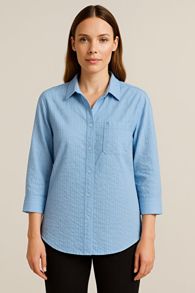 TUSSE Κομψό γυναικείο πουκάμισο από βαμβακερό ύφασμα Lyocell με ριγέ σχέδιο με μανίκια τριών τετάρτων σε μεγάλο μέγεθος