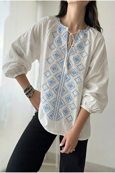 FEMELLE Women's White Collar Tassel Decorated Cotton Blouse with Elasticated Ankles and Embroidered Detail