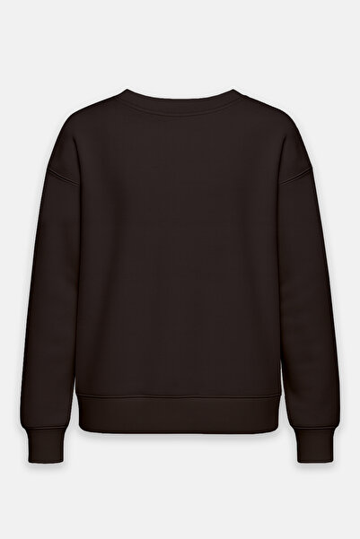 Amia&Co. Bitter Brown Crew Neck Fleece-Lined Printed Oversized Sweatshirt