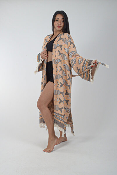 REİNA TEKS Kimono Kaftan Fish Patterned 1 Piece Bohemian Bathrobe Unisex Jacquard 3 Layers Muslin Fabric