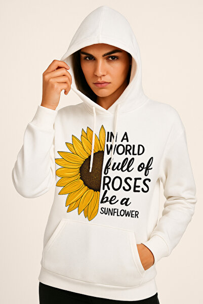 ocke Women's White Sunflower Printed Hooded Oversized Hoodie Sweatshirt
