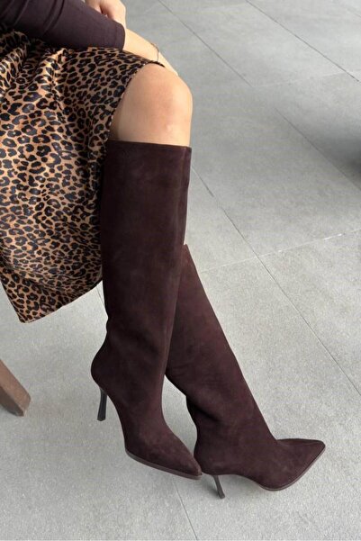 NILUFARR Melodi Bitter Brown Suede Genuine Leather Heeled Boots